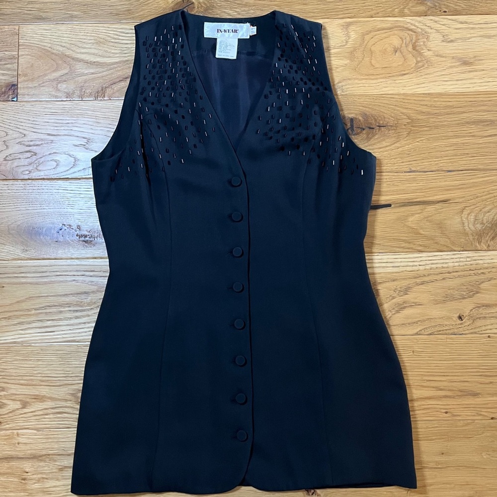 Vintage In-Wear Black Beaded Long Flattering Vest. Size 8